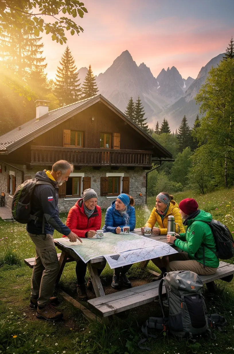 Interiér štúdia horskej turistiky s odborníkom poskytujúcim rady a tipy pre bezpečný pobyt v horách.